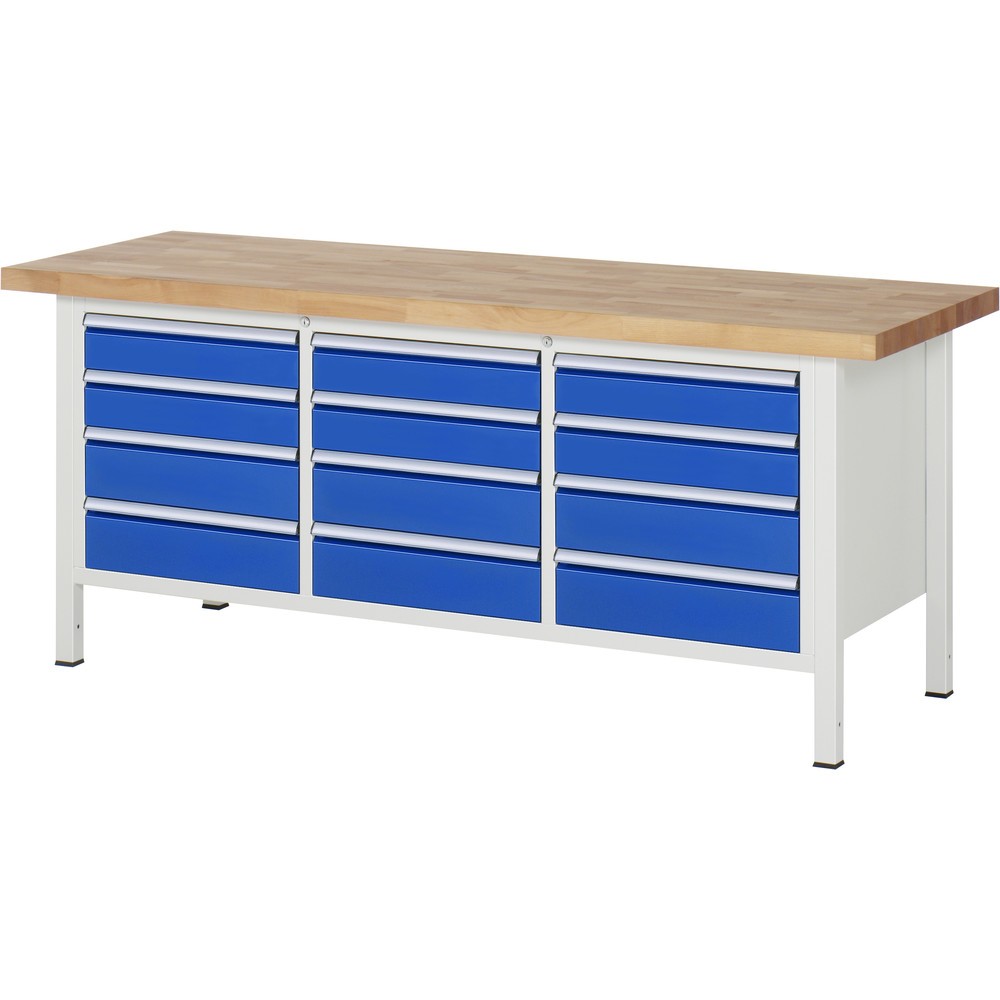 RAU Werkbank Serie 8000, 1 Dreifach-Container, HxBxT 840 x 2.000 x 700 mm, 12 x 90%-Auszug-Schubladen 6 x 120, 6 x 150 mm