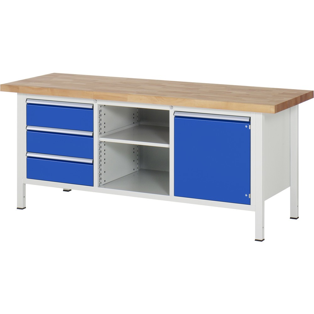 RAU Werkbank Serie 8000, 1 Dreifach-Container, 1 Fachboden, 1 Flügeltür, HxBxT 840 x 2.000 x 700 mm, 3 x 90%-Auszug-Schubladen, ErgoScript®