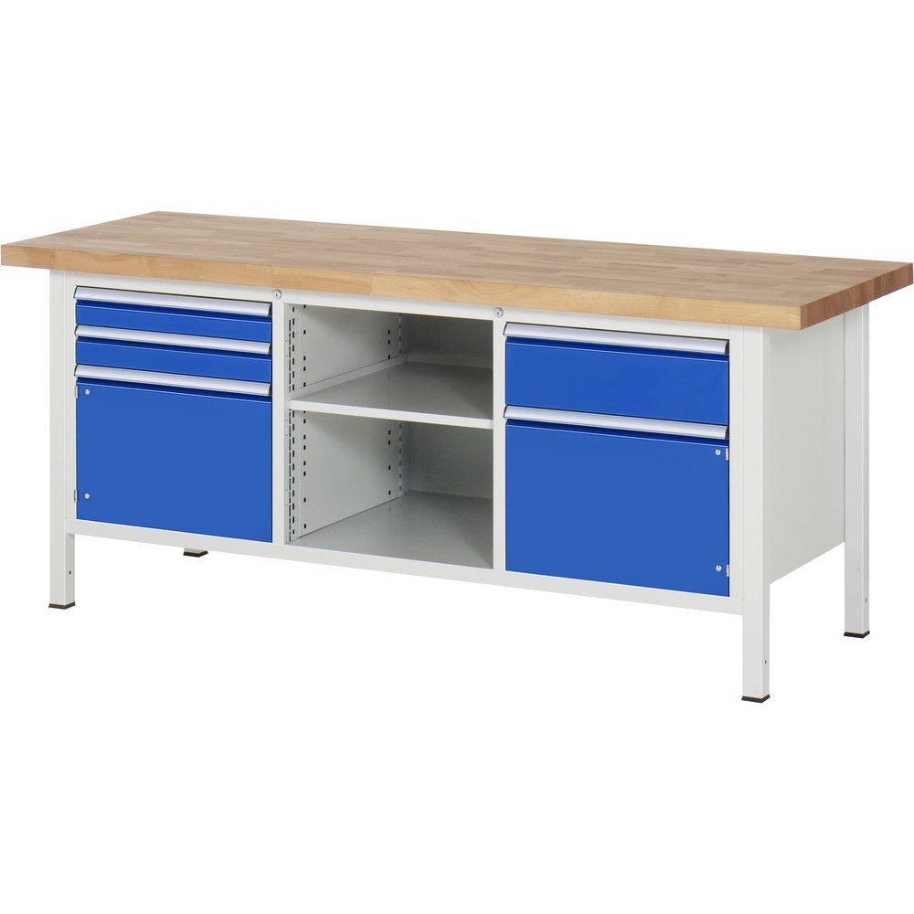RAU Werkbank Serie 8000, 1 Dreifach-Container, 1 Fachboden, 2 Flügeltüren, HxBxT 840-1.040 x 2.000 x 700 mm, 3 x 100% Auszugs-Schubladen