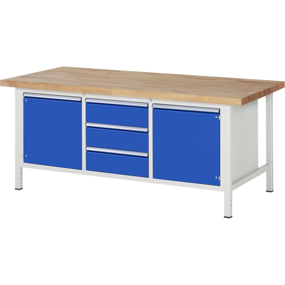 RAU Werkbank Serie 8000, 1 Dreifach-Container, HxBxT 840 x 2.000 x 900 mm, 2 Flügeltüren, 3 x 90% Auszugs-Schubladen, ErgoScript®