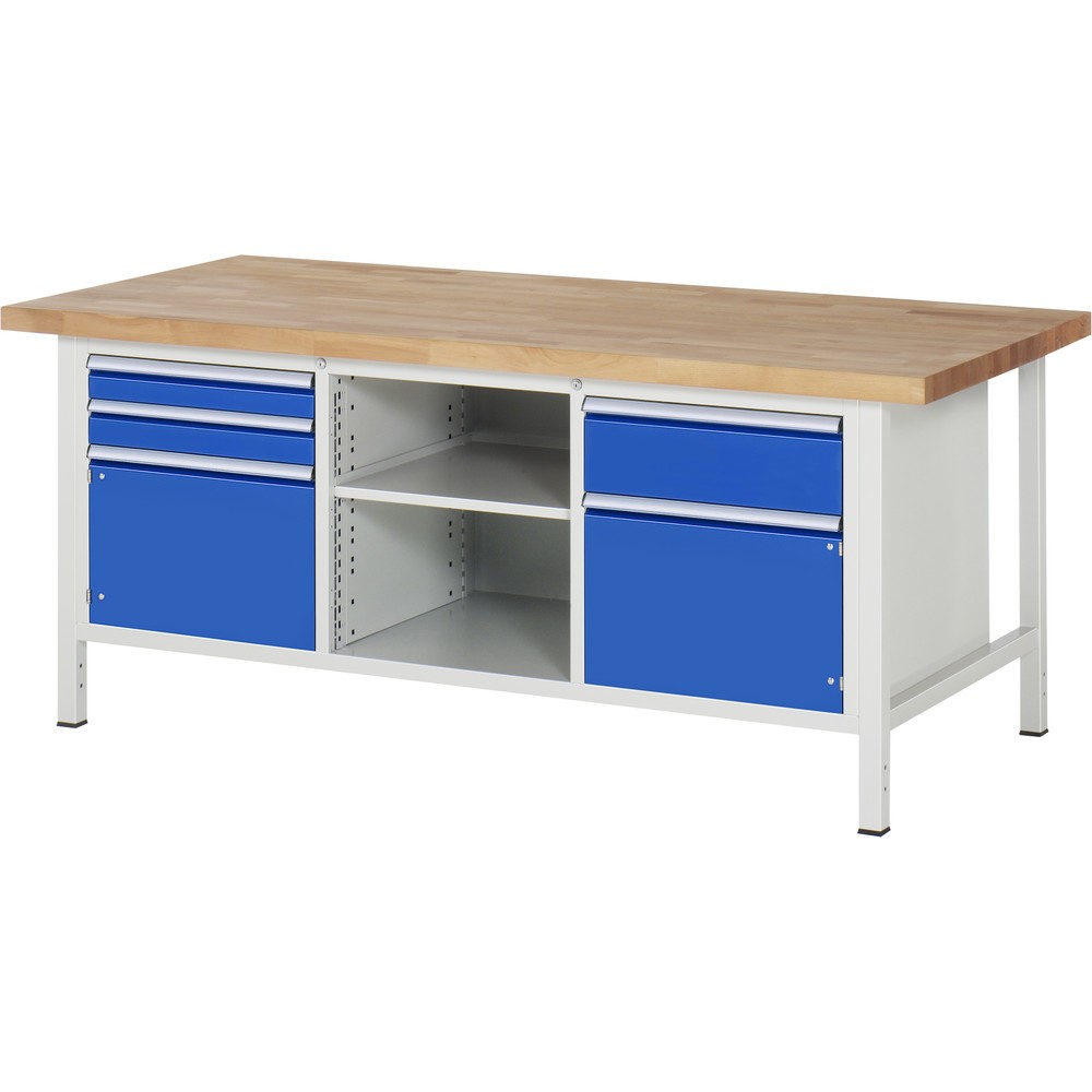 RAU Werkbank Serie 8000, 1 Dreifach-Container, 1 Fachboden, 2 Flügeltüren, HxBxT 840 x 2.000 x 900 mm, 3 x 90%-Auszug-Schubladen 2 x 90, 1 x 180 mm