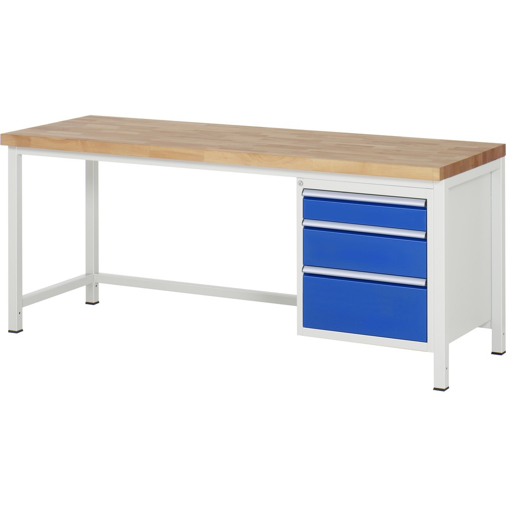 RAU Werkbank Serie 8000, HxBxT 840 x 2.000 x 700 mm, 3 x 90%-Auszug-Schubladen 1 x 120, 1 x 180, 1 x 240 mm, Schubladen-TK 100 kg