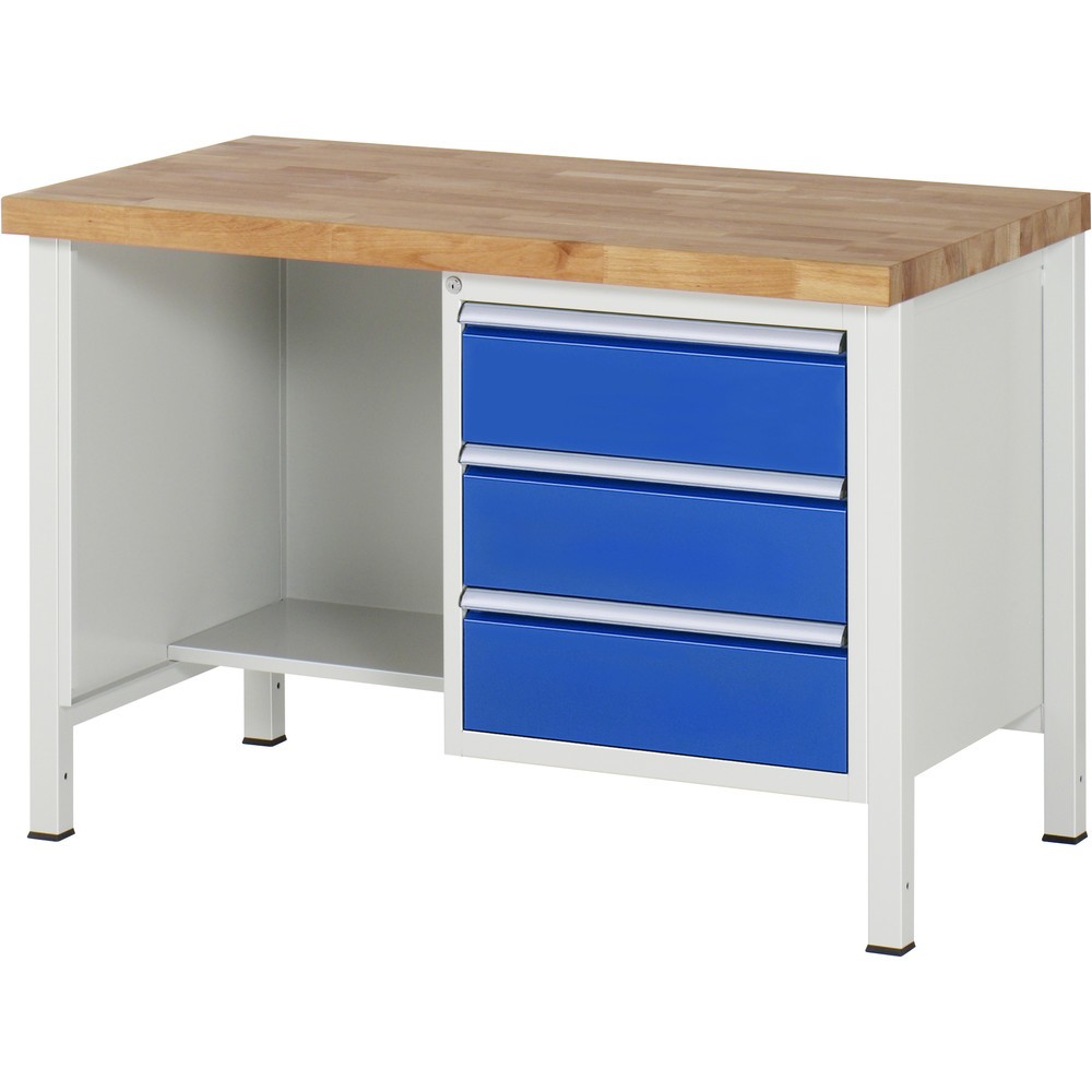 RAU Werkbank Serie 8000, 1 Ablageboden, HxBxT 840 x 1.250 x 700 mm, 3 x 100%-Auszug-Schubladen