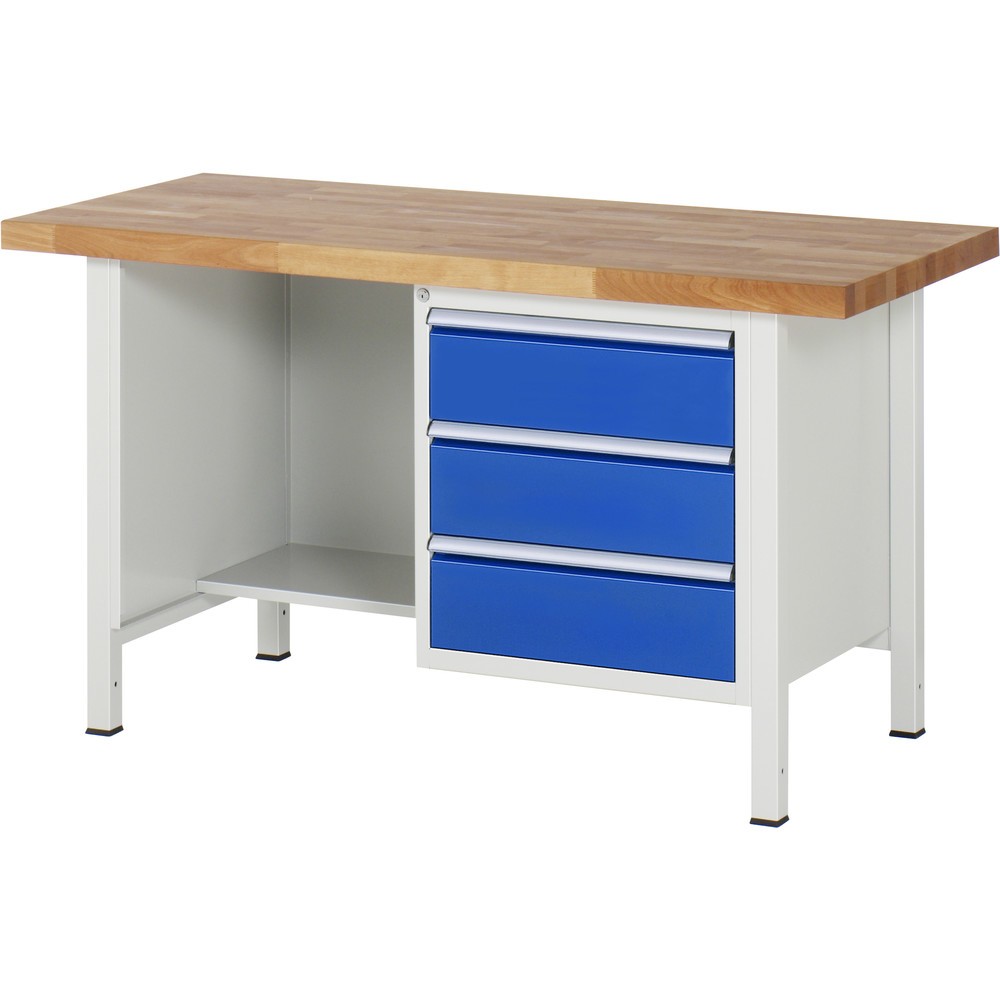 RAU Werkbank Serie 8000, 1 Ablageboden, HxBxT 840 x 1.500 x 700 mm, 3 x 100%-Auszug-Schubladen