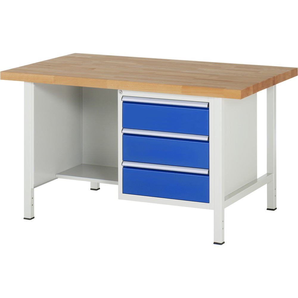 RAU Werkbank Serie 8000, 1 Ablageboden, HxBxT 840 x 1.500 x 900 mm, 3 x 90%-Auszug-Schubladen