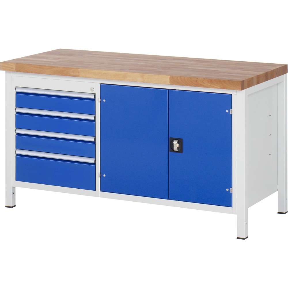 RAU Werkbank Serie 8000, 1 Doppel-Container, 1 Doppel-Flügeltür, HxBxT 840-1.040 x 1.500 x 700 mm, 4 x 100%-Auszugs-Schubladen
