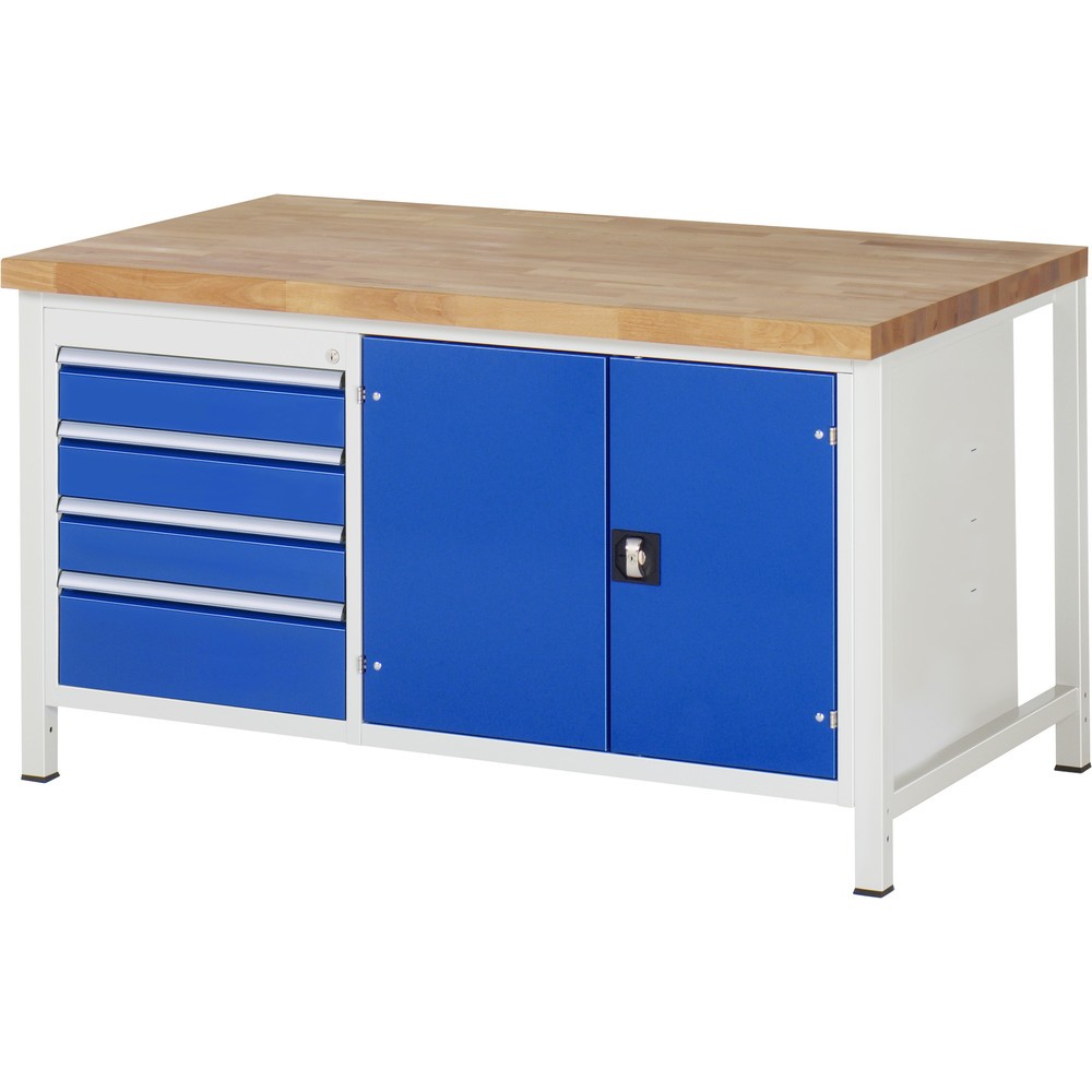 RAU Werkbank Serie 8000, 1 Doppel-Container, 1 Doppel-Flügeltür, HxBxT 840-1.040 x 1.500 x 900 mm, 4 x 100%-Auszugs-Schubladen
