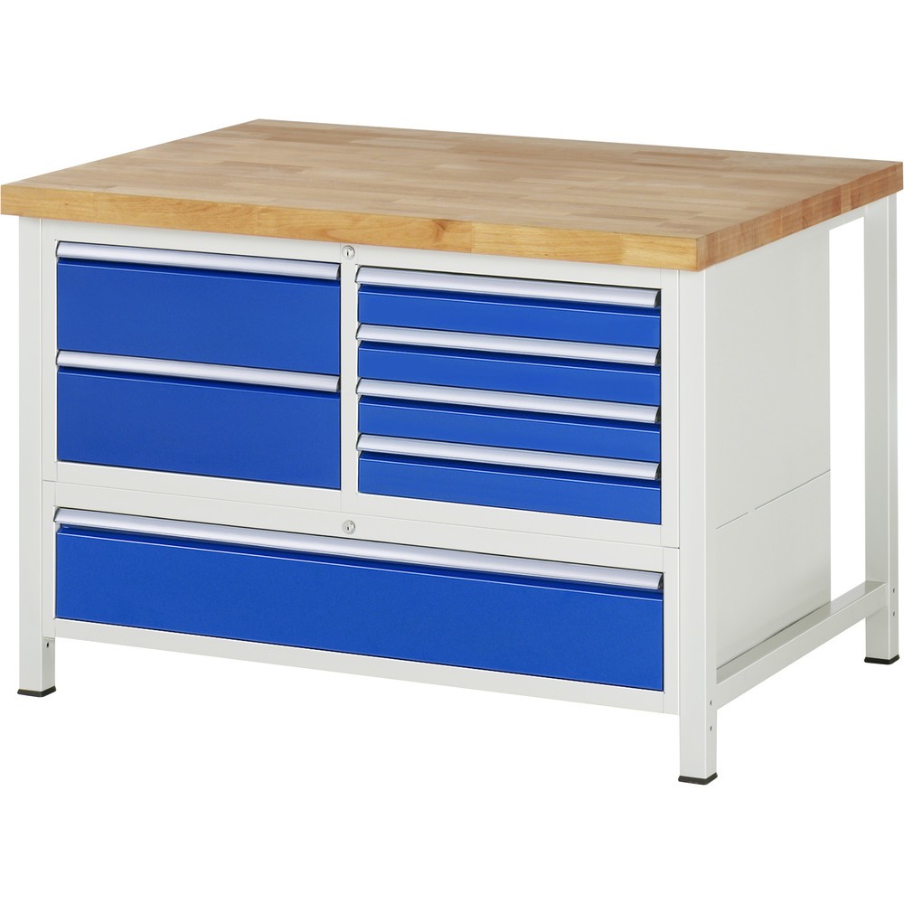 RAU Werkbank Serie 8000, 1 Dreifach-Container, HxBxT 840 x 1.250 x 900 mm, 7 x 90%-Auszug-Schubladen 4 x 90, 3 x 180 mm