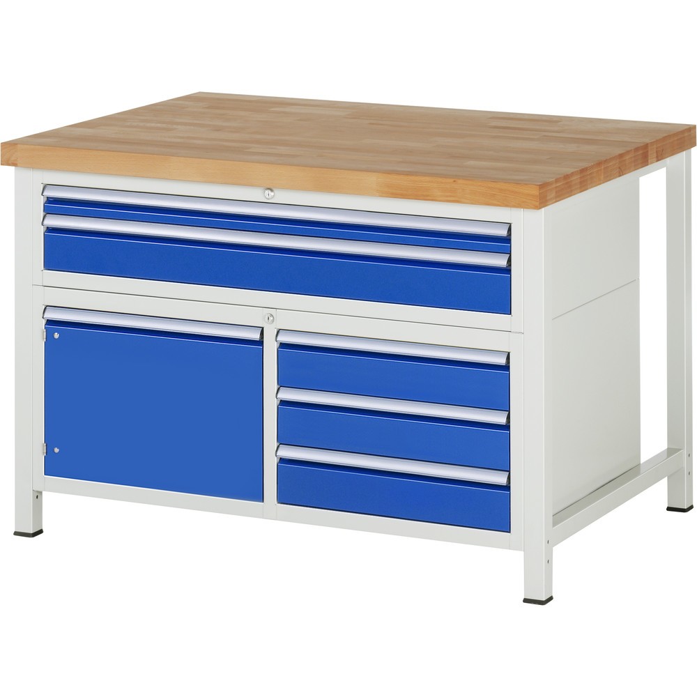 RAU Werkbank Serie 8000, 1 Dreifach-Container, 1 Flügeltür, HxBxT 840 x 1.250 x 900 mm, 5 x 100%-Auszug-Schubladen