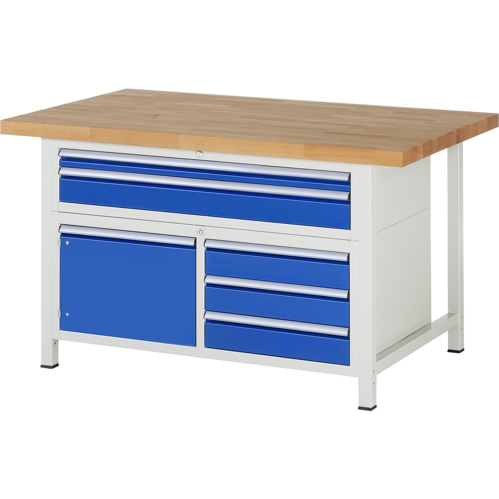 RAU Werkbank Serie 8000, 1 Dreifach-Container, 1 Flügeltür, HxBxT 840-1.040 x 1.500 x 900 mm, 5 x 100%-Auszug-Schubladen, 2 XXL oben
