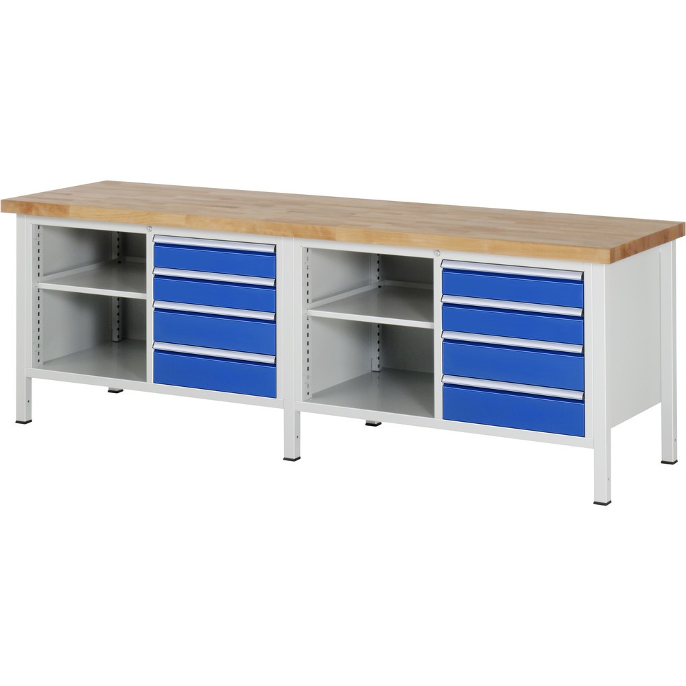 RAU Werkbank Serie 8000, 2 Doppel-Container, 2 Fachböden, HxBxT 840-1.040 x 2.500 x 700 mm, 6 x 90%-Auszug-Schubladen 4 x 120, 4 x 150 mm