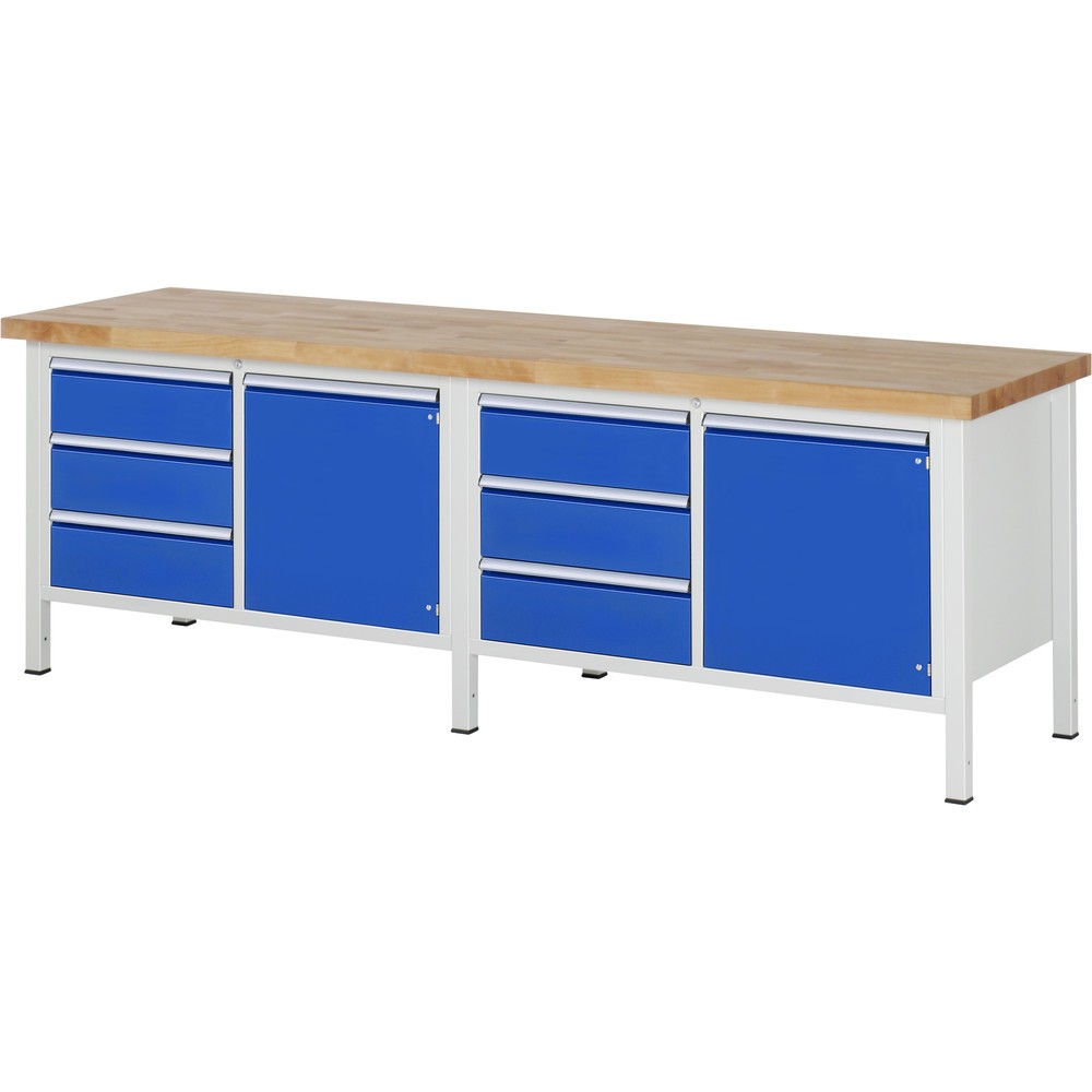 RAU Werkbank Serie 8000, 2 Doppel-Container, 2 Flügeltüren, HxBxT 840-1.040 x 2.500 x 700 mm, 6 x 100%-Auszug-Schubladen