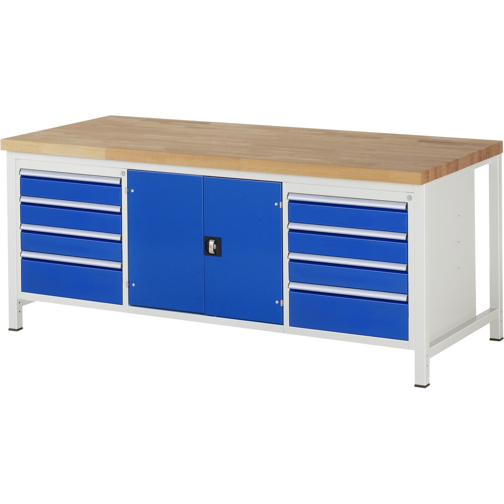 RAU Werkbank Serie 8000, 1 Dreifach-Container, 1 Doppel-Flügeltür, HxBxT 840 x 2.000 x 900 mm, 8 x 90%-Auszug-Schubladen