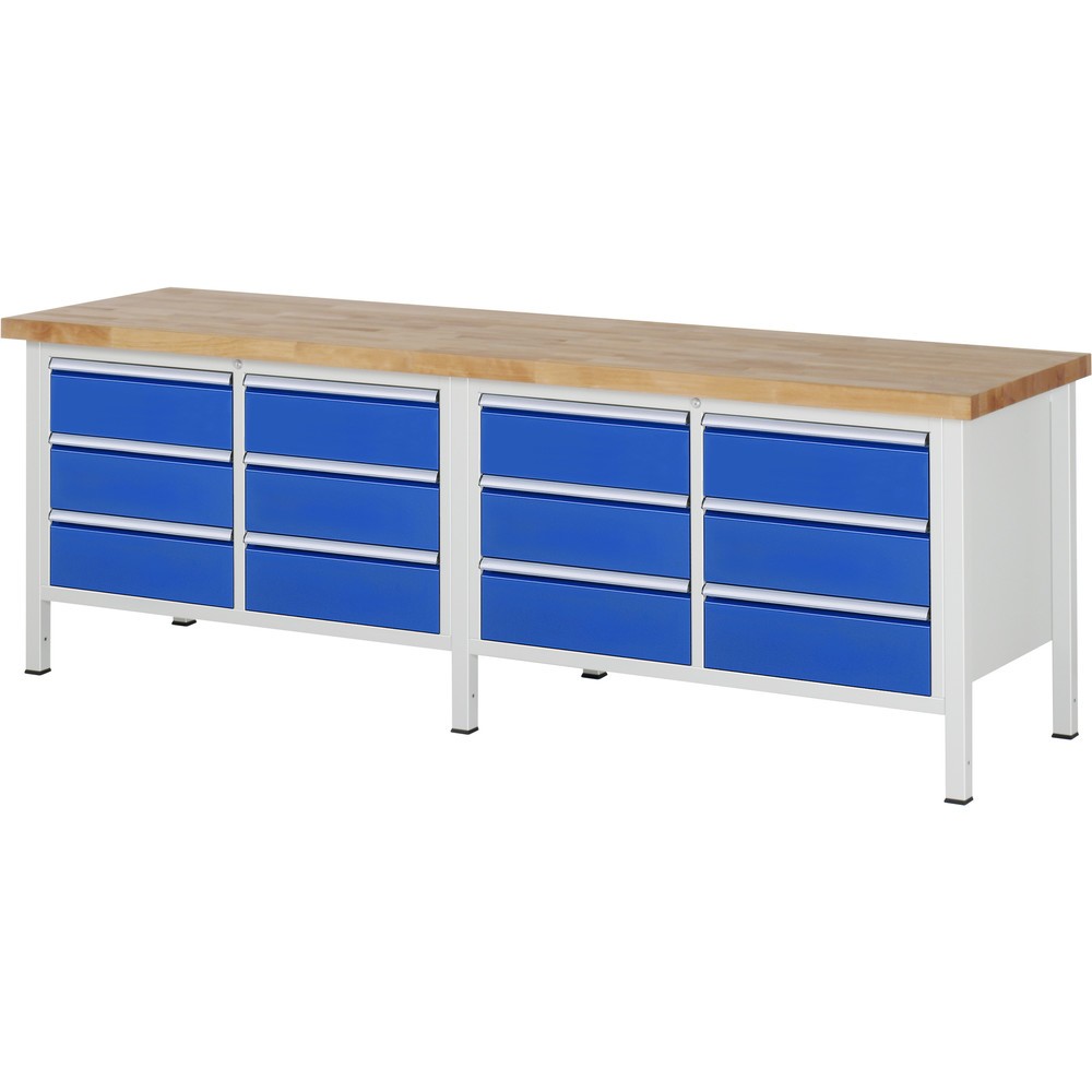 RAU Werkbank Serie 8000, 2 Doppel-Container, HxBxT 840 x 2.500 x 700 mm, 12 x 90%-Auszug-Schubladen 12 x 180 mm