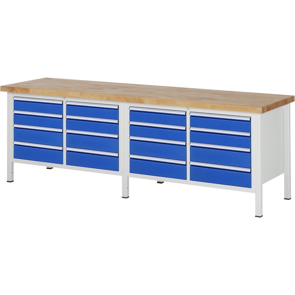 RAU Werkbank Serie 8000, 2 Doppel-Container, HxBxT 840 x 2.500 x 700 mm, 16 x 90%-Auszug-Schubladen