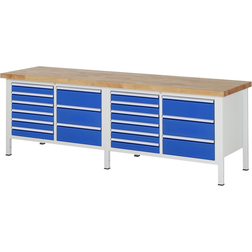 RAU Werkbank Serie 8000, 2 Doppel-Container, HxBxT 840 x 2.500 x 700 mm, 18 x 90%-Auszug-Schubladen