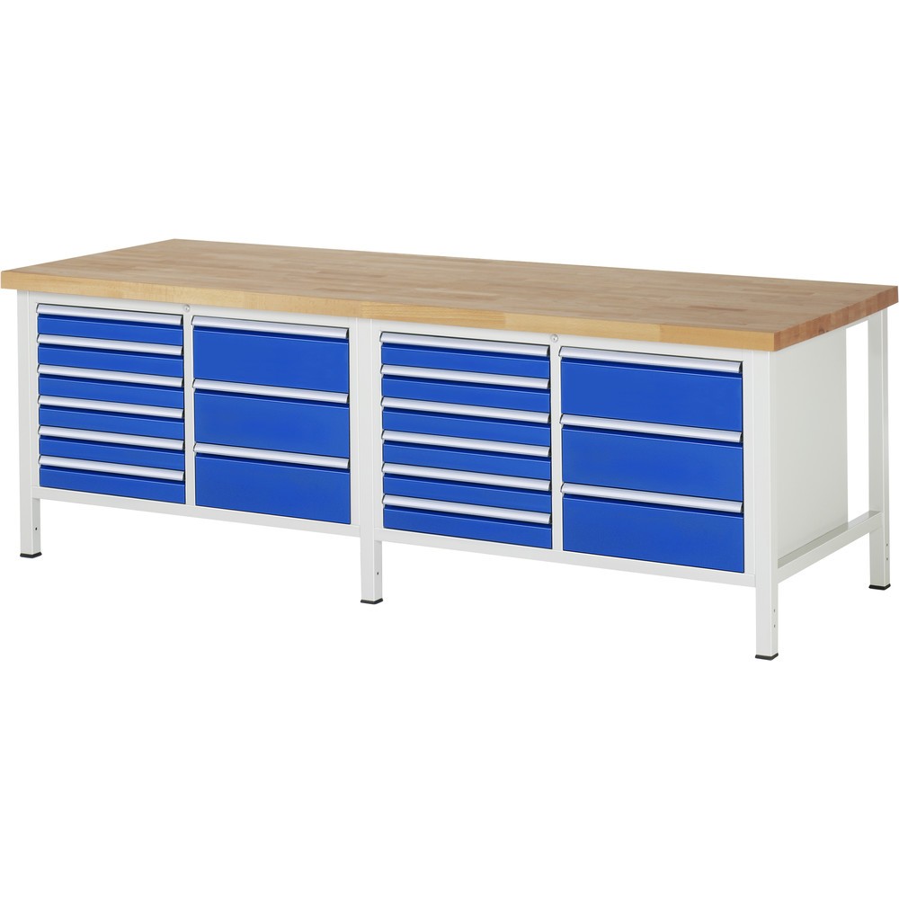 RAU Werkbank Serie 8000, 2 Doppel-Container, HxBxT 840-1.040 x 2.500 x 900 mm, 18 x 90%-Auszug-Schubladen