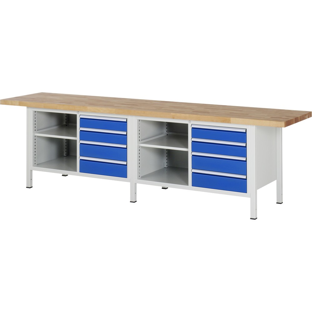 RAU Werkbank Serie 8000, 2 Doppel-Container, 2 Fachböden, HxBxT 840-1.040 x 3.000 x 700 mm, 8 Schubladen