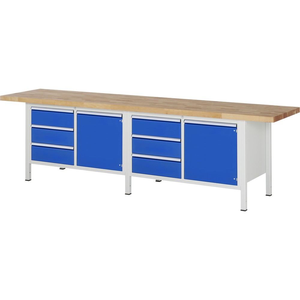 RAU Werkbank Serie 8000, 2 Doppel-Container, 2 Flügeltüren, HxBxT 840 x 3.000 x 700 mm, 6 x 100%-Auszug-Schubladen