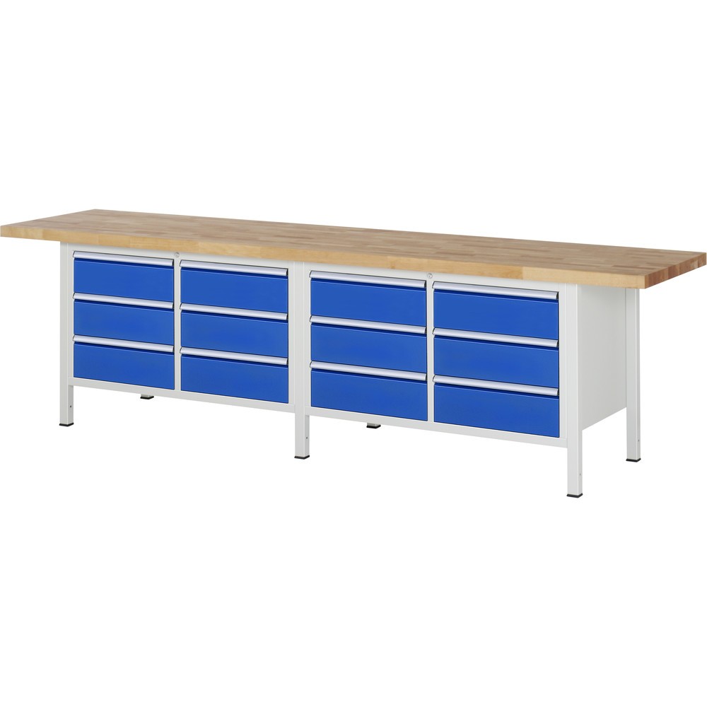 RAU Werkbank Serie 8000, 2 Doppel-Container, HxBxT 840-1.040 x 3.000 x 700 mm, 12 x 90%-Auszug-Schubladen 12 x 180 mm