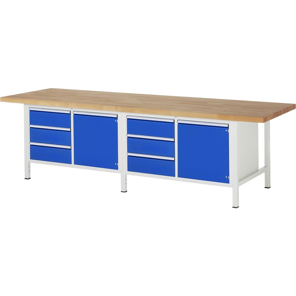 RAU Werkbank Serie 8000, 2 Doppel-Container, 2 Flügeltüren, HxBxT 840 x 3.000 x 900 mm, 6 x 90%-Auszug-Schubladen