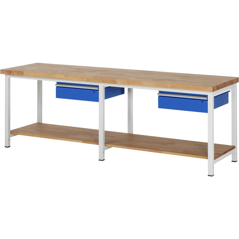RAU Werkbank Serie 8000, HxBxT 840-1.040 x 2.500 x 700 mm, 2 Schubladen, 1 Buche-Massiv-Ablageboden