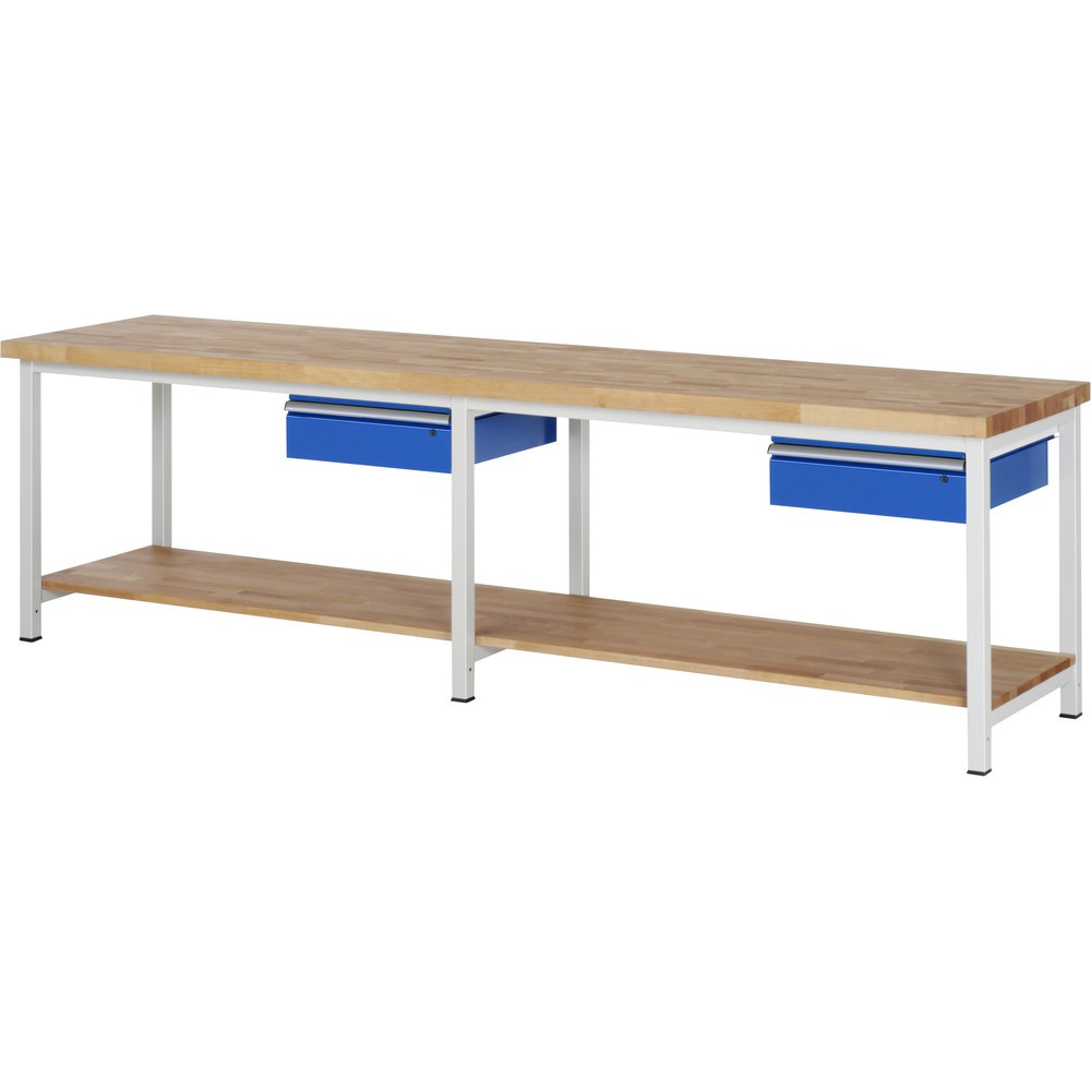 RAU Werkbank Serie 8000, HxBxT 840 x 3.000 x 700 mm, 2 Schubladen, 1 Buche-Massiv-Ablageboden Tiefe 557 mm