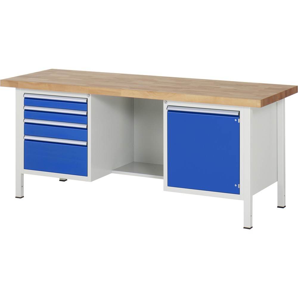 RAU Werkbank Serie 8000, 2 Container, 1 Ablageboden, 1 Flügeltür, HxBxT 840 x 2.000 x 700 mm, 4 x 100%-Auszug-Schubladen 2 x 90, 1 x 120, 1 x 240 mm