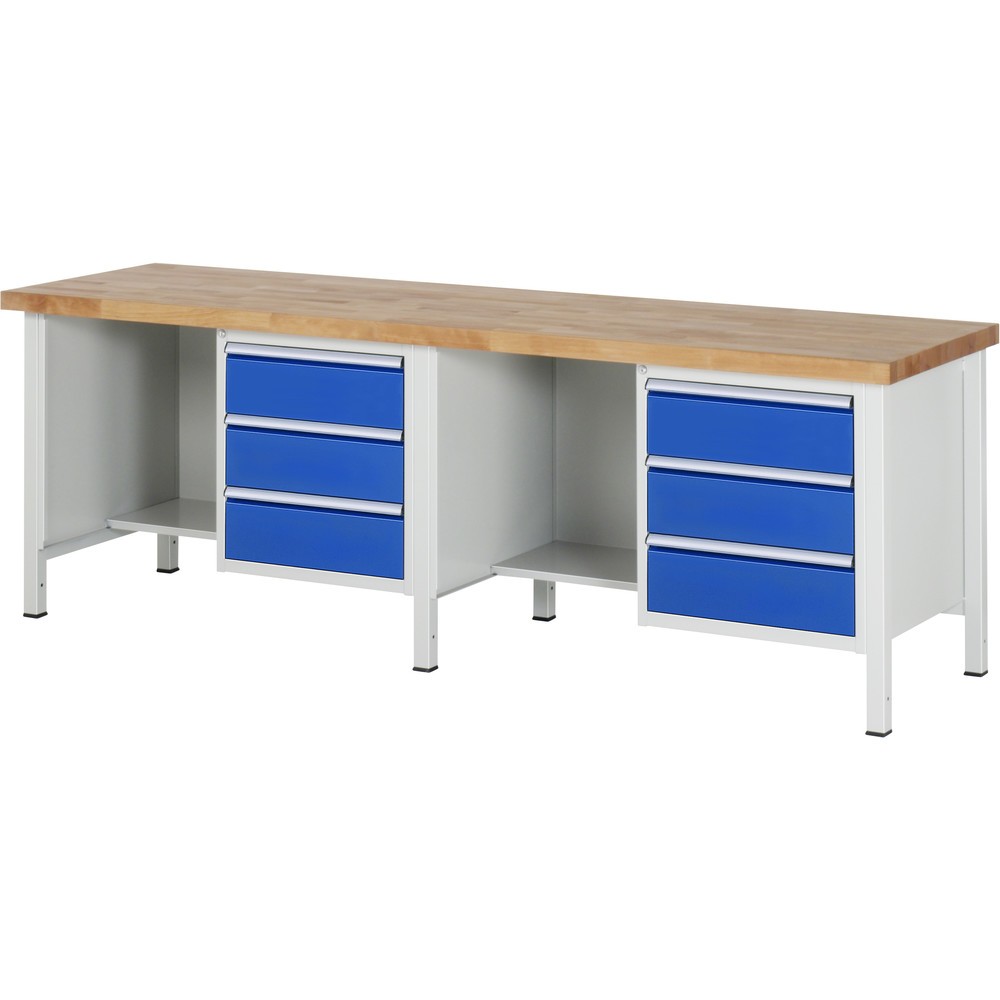 RAU Werkbank Serie 8000, 2 Container, 1 Ablageboden, HxBxT 840-1.040 x 2.500 x 700 mm, 6 x 90%-Auszug-Schubladen