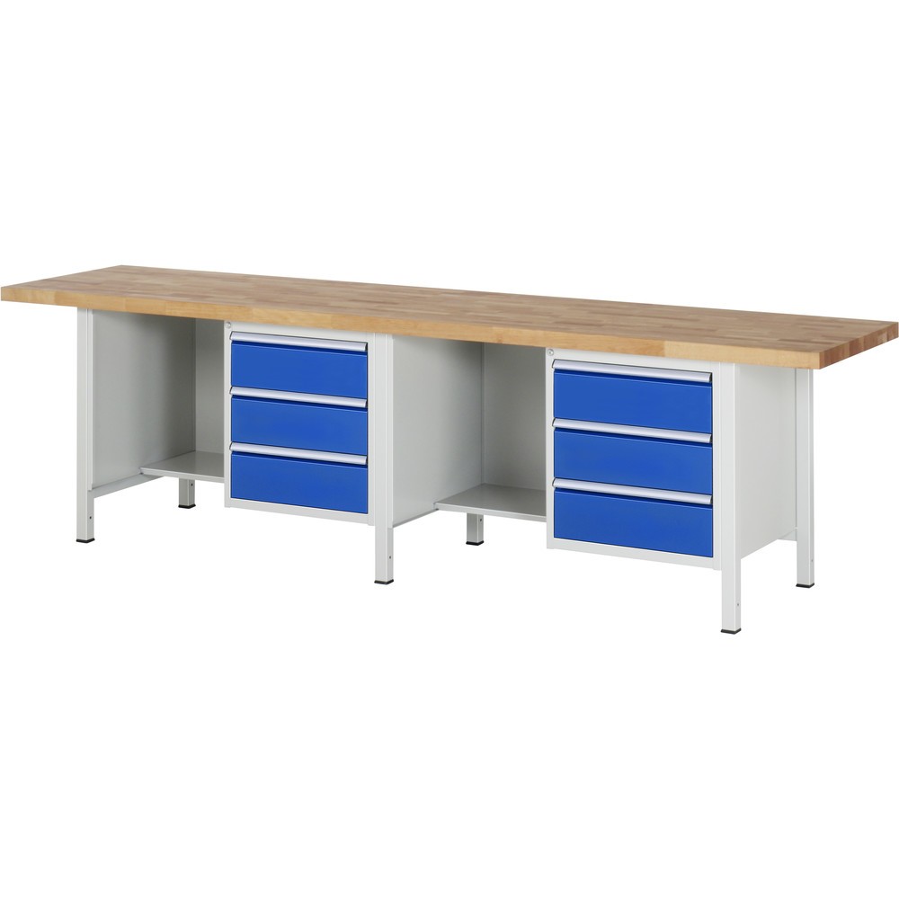RAU Werkbank Serie 8000, 2 Container, HxBxT 840 x 3.000 x 700 mm, 6 x 90%-Auszug-Schubladen