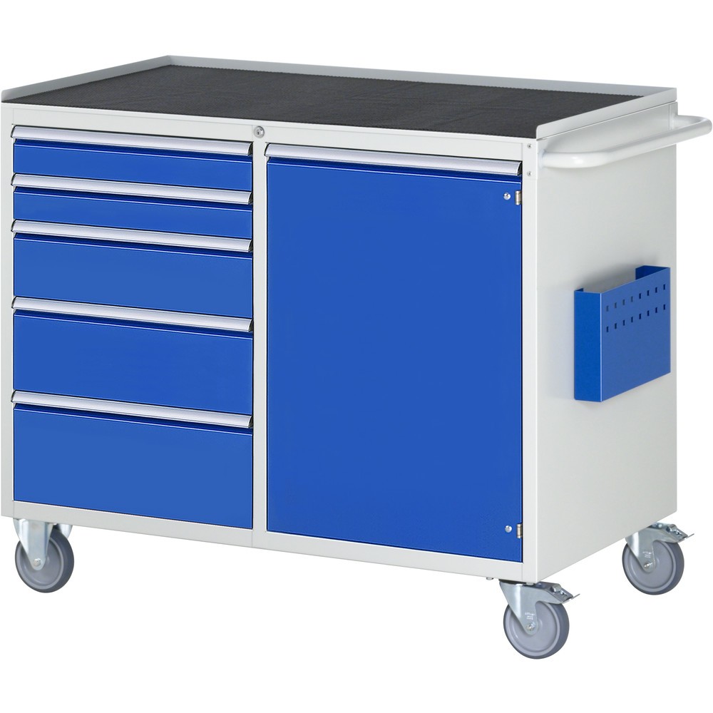 RAU Werkstattwagen Serie 7000, HxBxT 975 x 1.145 x 650 mm, 1 Flügeltür, 5 x 90%-Auszug-Schubladen 2 x 90, 1 x 150, 1 x 180, 1 x 210 mm, Arbeitsplatte Metall