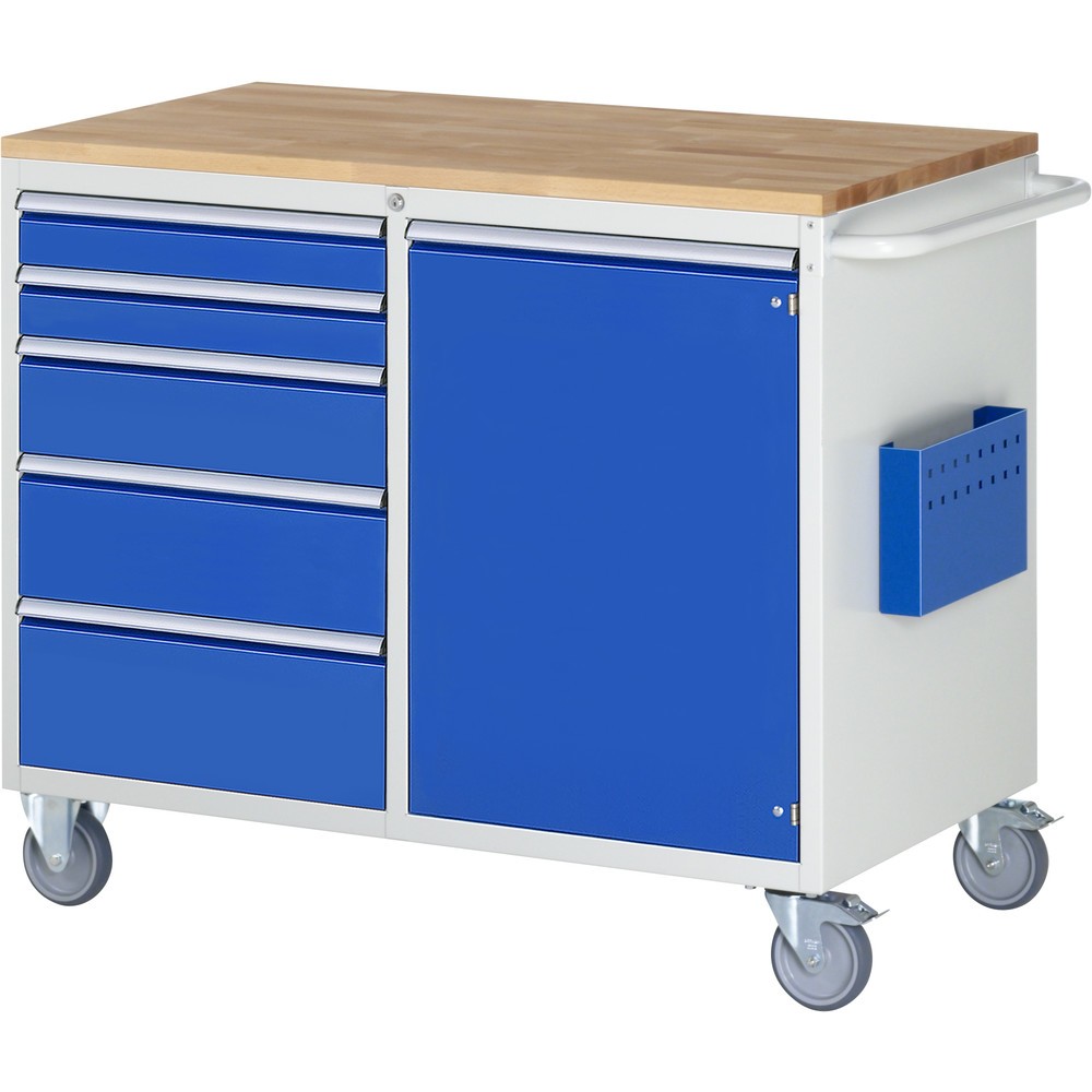RAU Werkstattwagen Serie 7000, HxBxT 975 x 1.145 x 650 mm, 1 Flügeltür, 5 x 90%-Auszug-Schubladen 2 x 90, 1 x 150, 1 x 180, 1 x 210 mm, Arbeitsplatte Buche