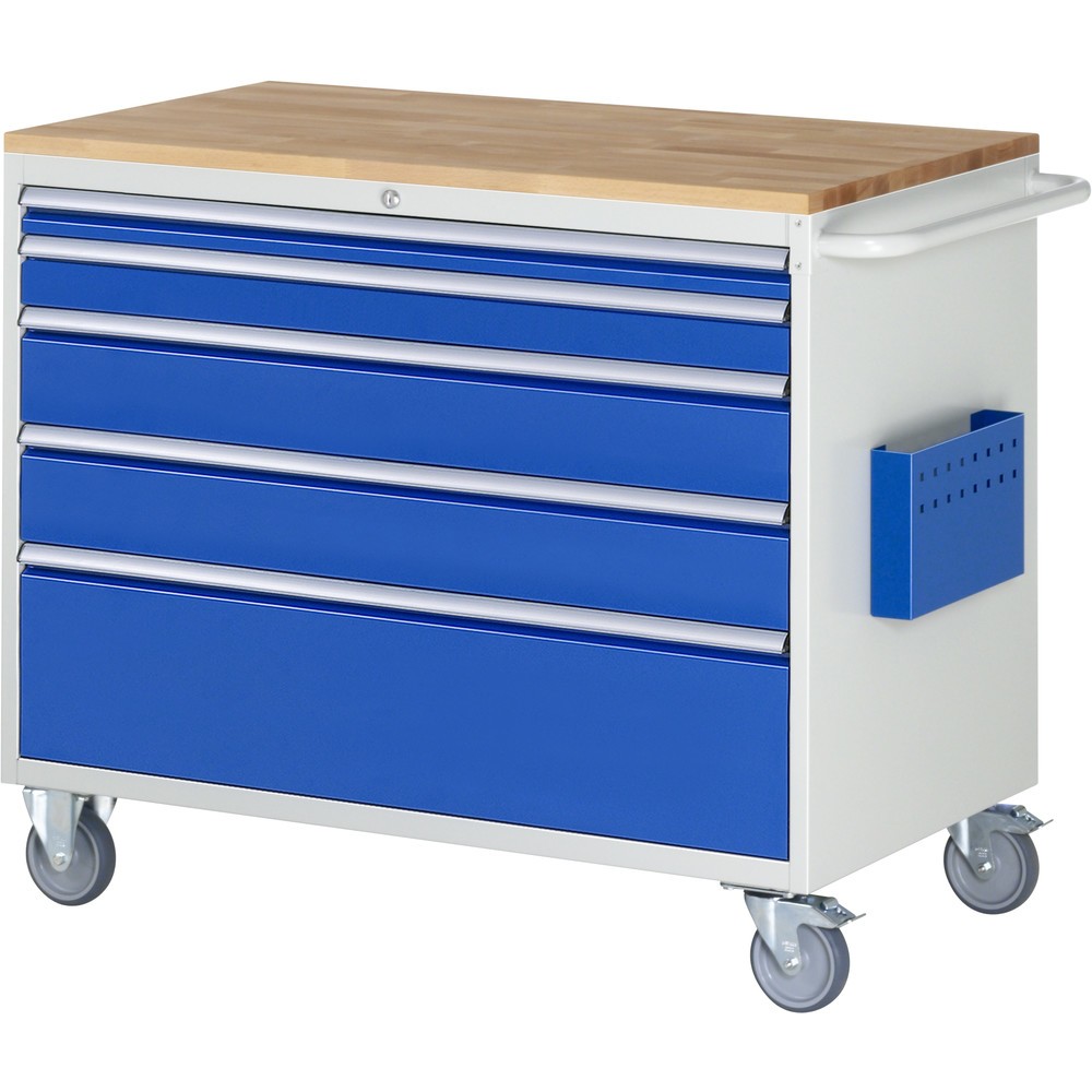 RAU Werkstattwagen Serie 7000, HxBxT 975 x 1.145 x 650 mm, 5 x 90%-Auszug-Schubladen 1 x 60 mm, 1 x 90, 2 x 150, 1 x 270 mm, Arbeitsplatte Buche