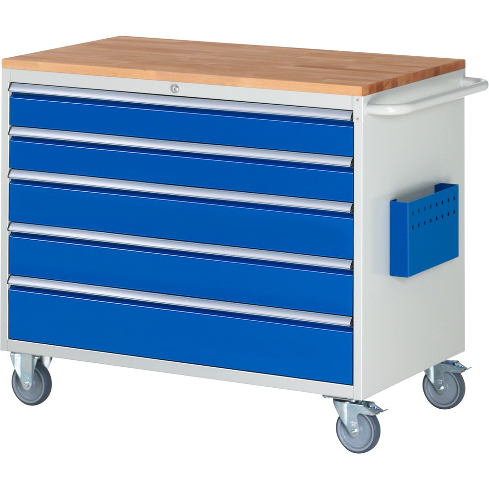 RAU Werkstattwagen Serie 7000, HxBxT 975 x 1.145 x 650 mm, 5 x 90%-Auszug-Schubladen 2 x 120, 2 x 150 mm, 1 x 180 mm, Arbeitsplatte Buche