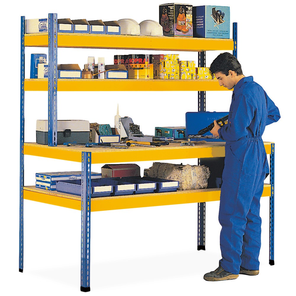 Werktisch NGS mit Aufbau, FL 320 kg, 2 Einlegeböden mit je 1 Unterzug, HxBxT 1.981/990 x 2.450 x 926/468 mm