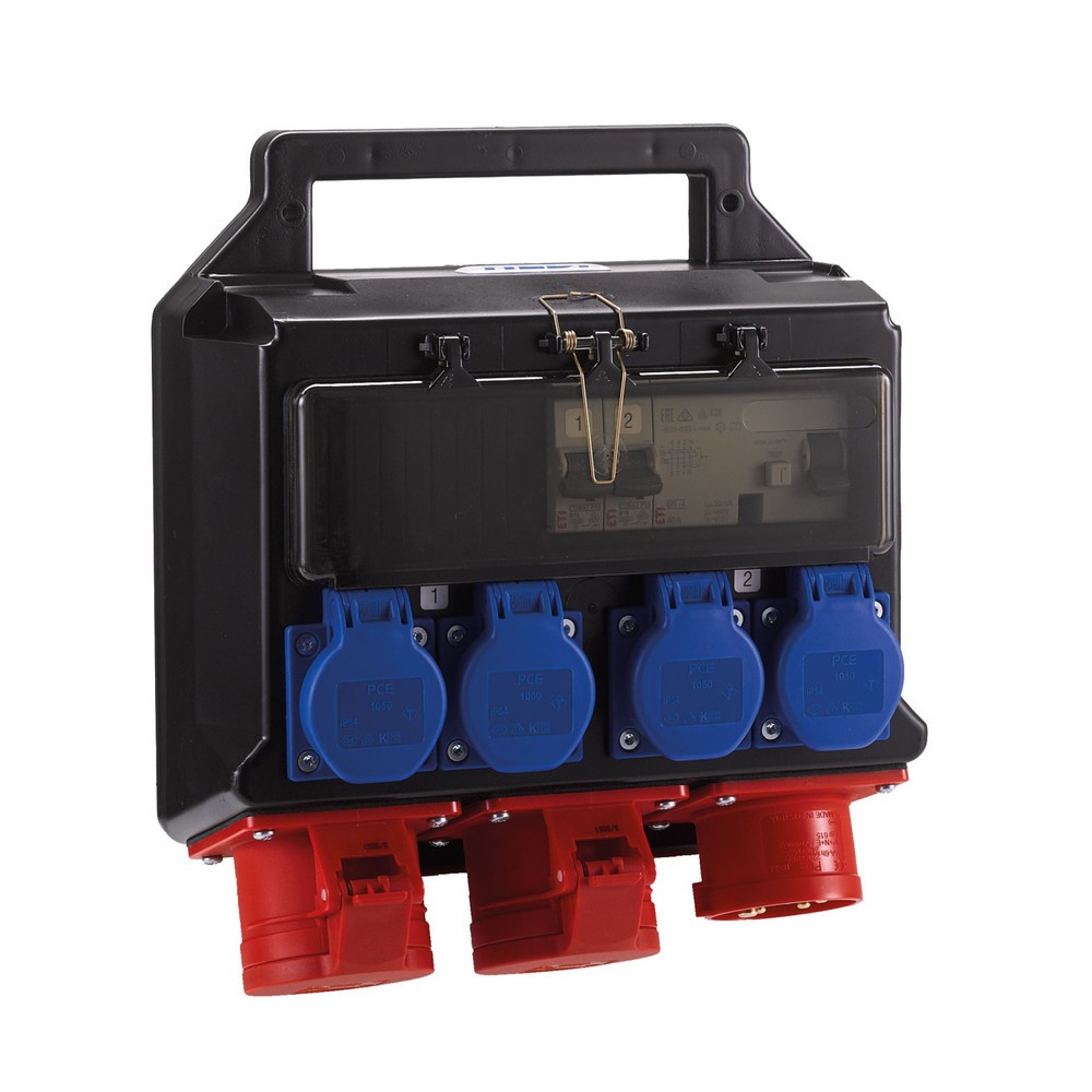 HEDI Hängeverteiler, Drehstrom 400 V / 16 A, IP44, 2x CEE- u. 4x Schuko-Steckdose, mit FI-Schutzschalter (RCD)