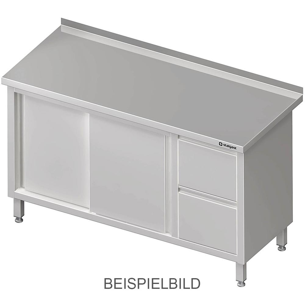 Stalgast Arbeitsschrank mit Schiebetüren, 1400x600x850 mm, mit 2er Schubladenblock rechts, ohne Aufkantung, verschweisst