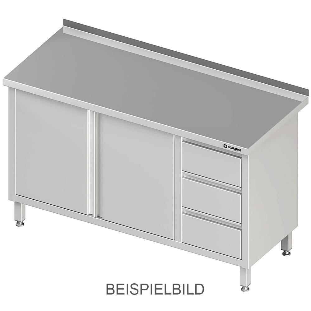 Stalgast Arbeitsschrank mit Flügeltüren, 1600x700x850 mm, mit 3er Schubladenblock links, ohne Aufkantung, verschweisst