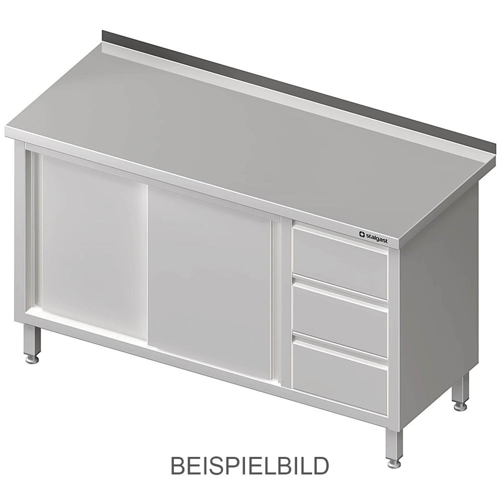 Stalgast Arbeitsschrank mit Schiebetüren, 1800x600x850 mm, mit 3er Schubladenblock rechts, ohne Aufkantung, verschweisst