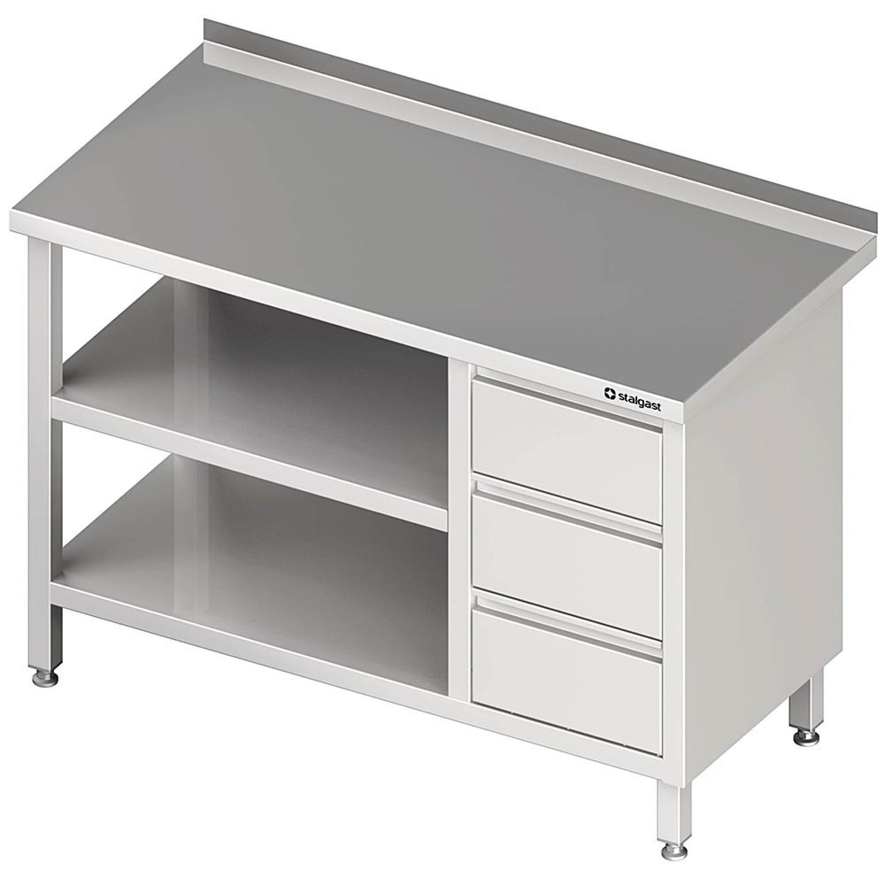 Stalgast Arbeitstisch mit Grund- und Zwischenboden, 2700x700x850 mm, mit 3er Schubladenblock rechts, mit Aufkantung, verschweisst
