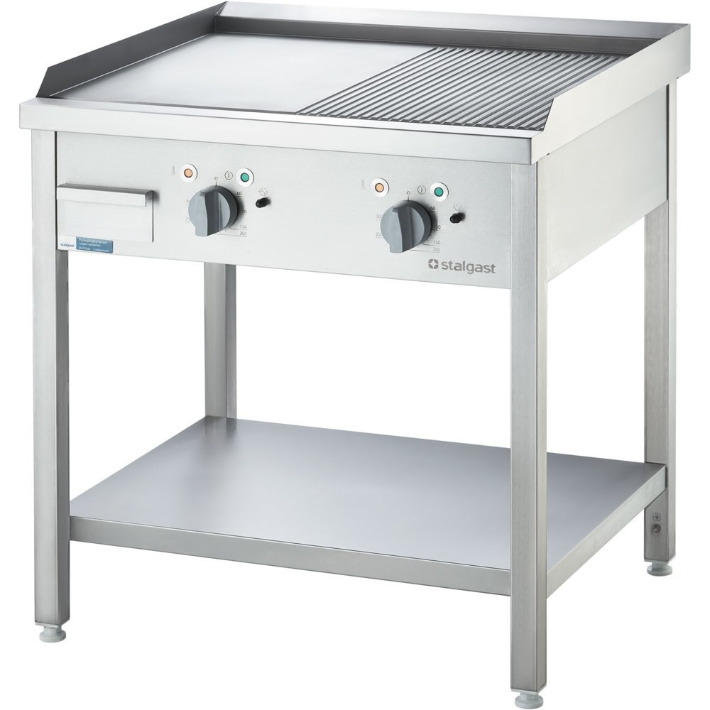 Stalgast Elektro-Griddleplatte als Standgerät ½ glatt / ½ gerillt, Unterbau offen, 800 x 700 x 850 mm (BxTxH)
