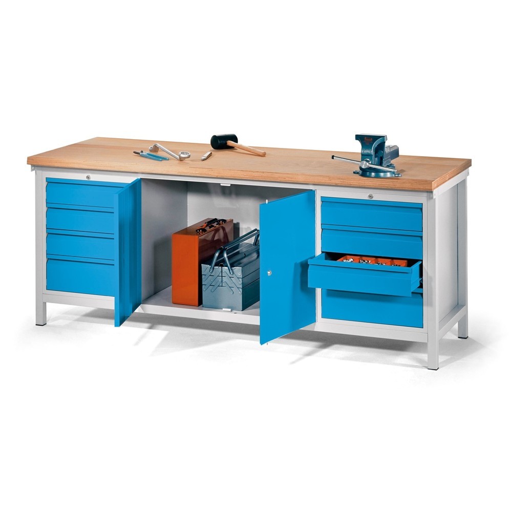 PAVOY Werkbank mit 2 Schubladenblöcken + Schrank, HxBxT 900 x 2.000 x 700 mm, enzianblau, resedagrün