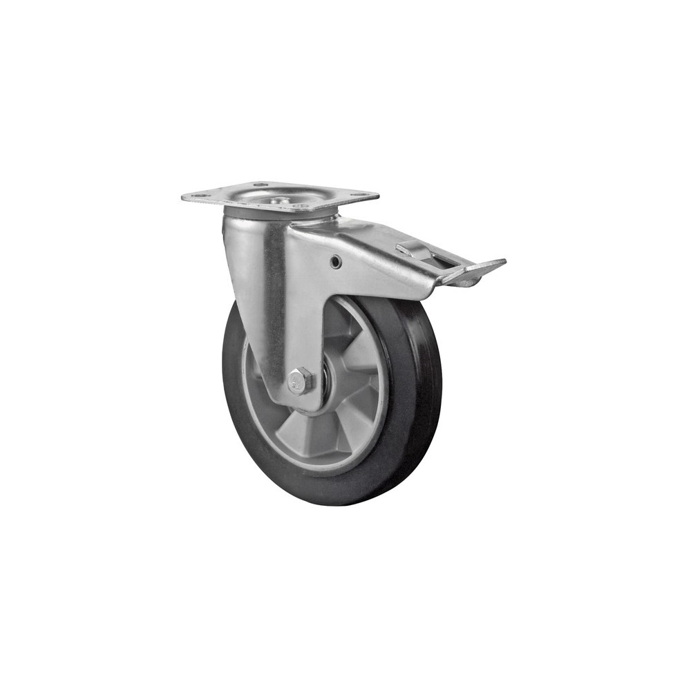 BS ROLLEN Transportrolle Elastikgummi, schwarz, Lenkrolle mit Feststeller, Kugellager, Platte, Ø x Breite 125 x 40 mm, TK 200 kg