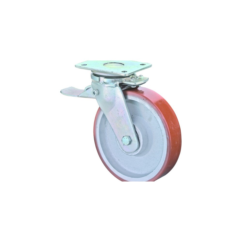 BS ROLLEN Schwerlastrolle Prothane® Guss-Polyurethan, Lenkrolle mit Feststeller, Kugellager, Platte, Ø x Breite 125 x 50 mm, TK 550 kg