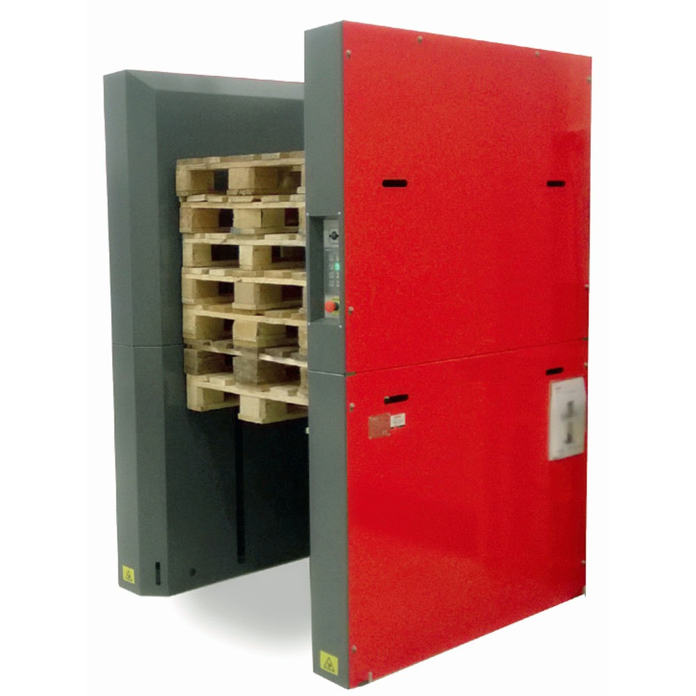 Palettenmagazin für 25 Industriepaletten à 1.200 x 1.000 mm, mit Sicherheitsabschrankung