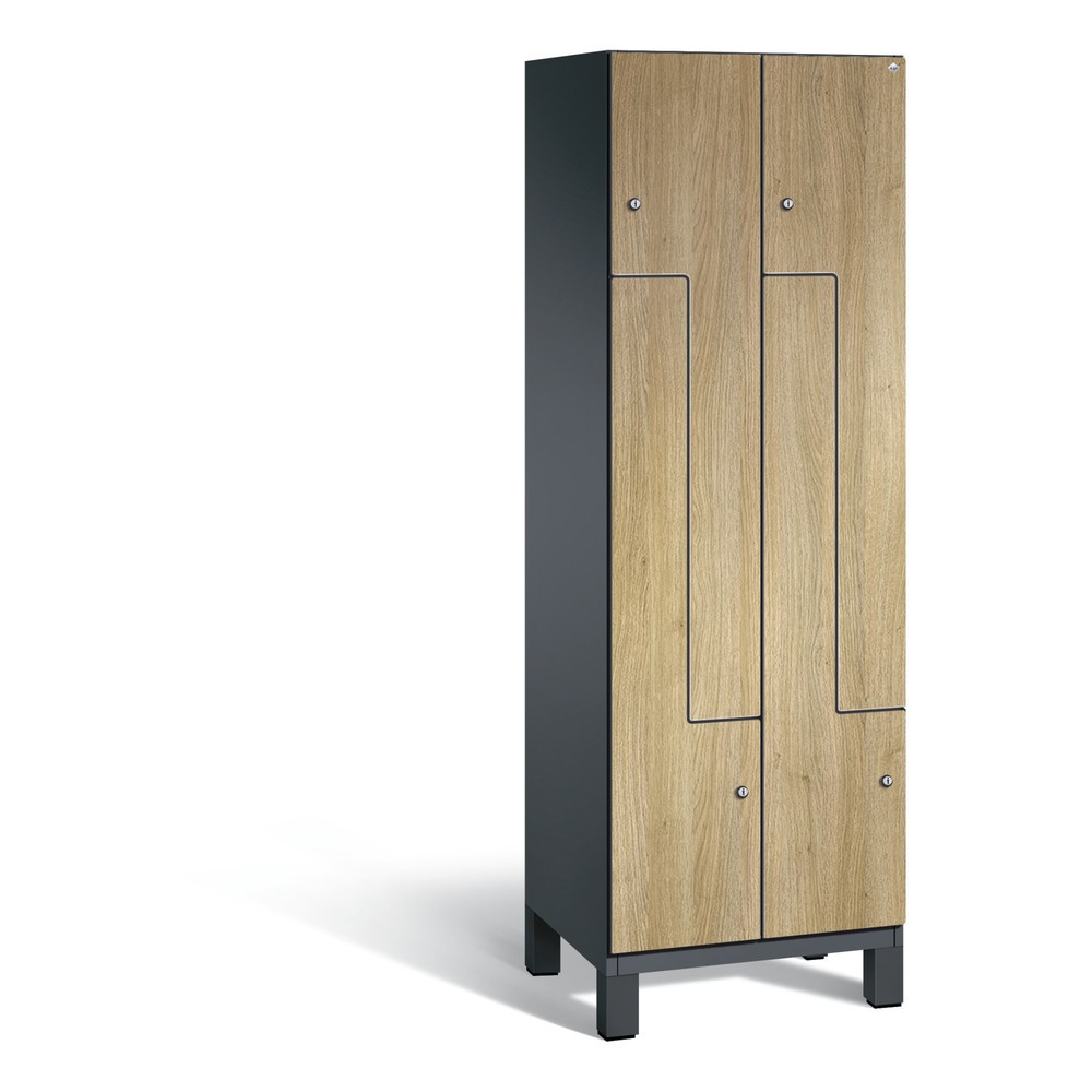 C+P Z-Garderobenschrank Cambio, 2 Abteile, Abteilbreite 300 mm, HxBxT 1980x600x525 mm, RAL 7021 Schwarzgrau, Dekor Eiche Sereno, Füsse