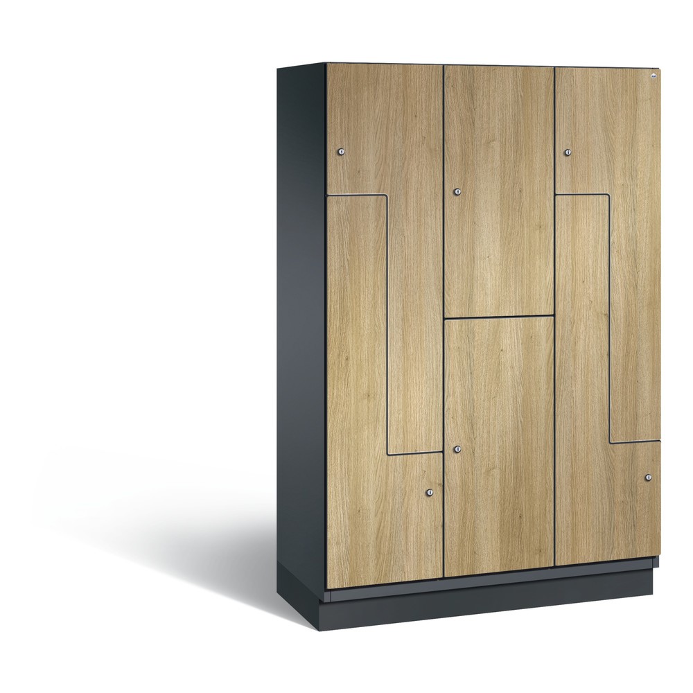 C+P Z-Kombinationsschrank Cambio, 3 Abteile, Abteilbreite 400 mm, HxBxT 1980x1200x525 mm, RAL 7021 Schwarzgrau, Dekor Eiche Sereno, Sockel