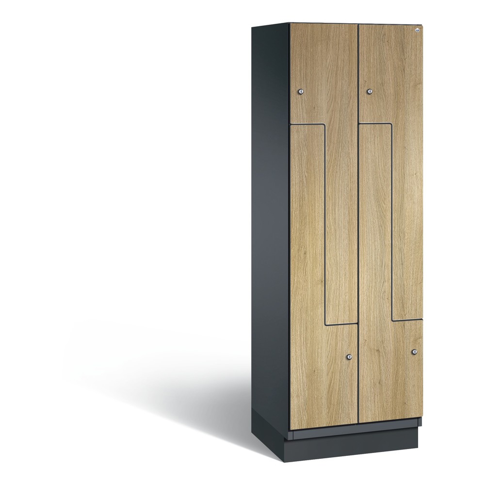 C+P Z-Garderobenschrank Cambio, 2 Abteile, Abteilbreite 300 mm, HxBxT 1980x600x525 mm, RAL 7021 Schwarzgrau, Dekor Eiche Sereno, Sockel