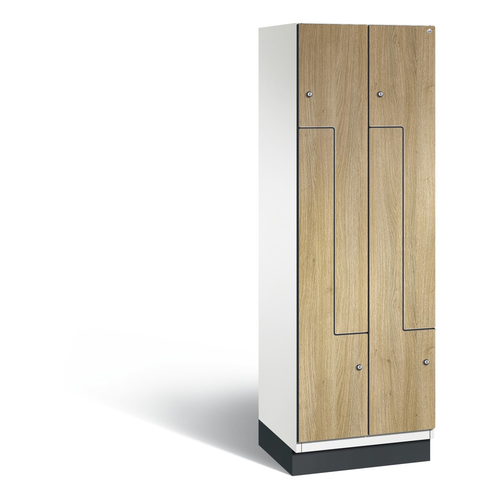 C+P Z-Garderobenschrank Cambio, 2 Abteile, Abteilbreite 300 mm, HxBxT 1980x600x525 mm, RAL 9016 Verkehrsweiss, Dekor Eiche Sereno, Sockel