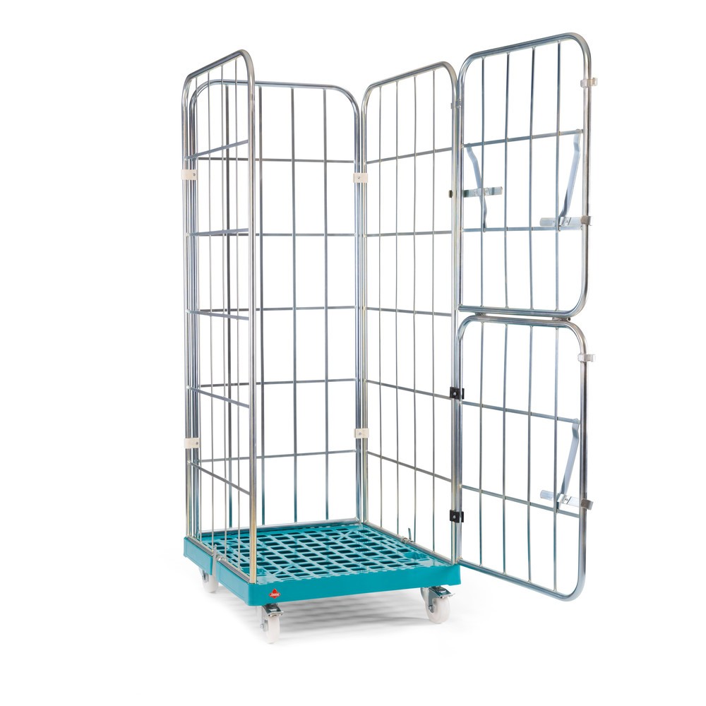Ameise® Rollbehälter, 4-seitig, grobmaschig, galvanisch verzinkt, Kunststoff-Rollplatte, HxBxT 1.640 x 724 x 815 mm, mit zweiteiliger, klappbarer Vorderwand